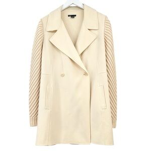 VINCE Ivory Cream Loose Fit Cable Knit Sleeve Double Breasted Unlined Wool Coat